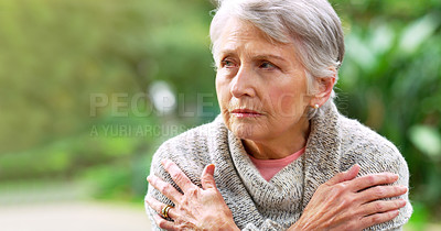 Buy stock photo Depression, face and senior woman in outdoor park for mourning, anxiety or mental health in retirement home. Crying, memory and elderly person with dementia for confused, sad and feeling lonely