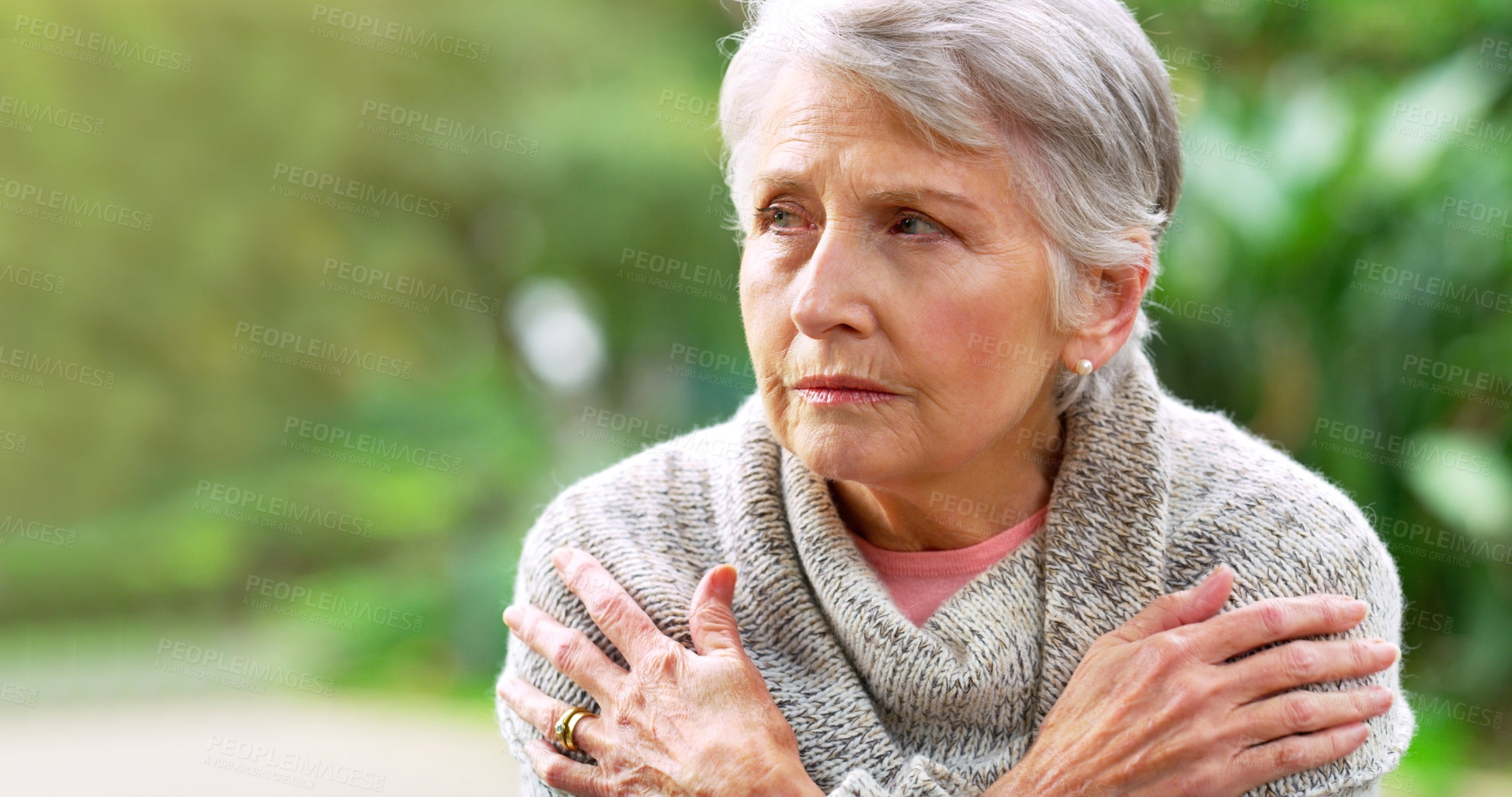 Buy stock photo Depression, face and senior woman in outdoor park for mourning, anxiety or mental health in retirement home. Crying, memory and elderly person with dementia for confused, sad and feeling lonely