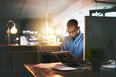 Buy stock photo Black man, tablet and glasses in dark office for finance, report or economy research for company development. Auditor, businessman or tech in workplace for deadline, accounting  or business taxes