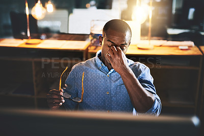 Buy stock photo Black man in business, night and headache with stress and vision problem, crisis and burnout from overtime. Professional male with migraine, brain fog and work late with loss of focus and overworked