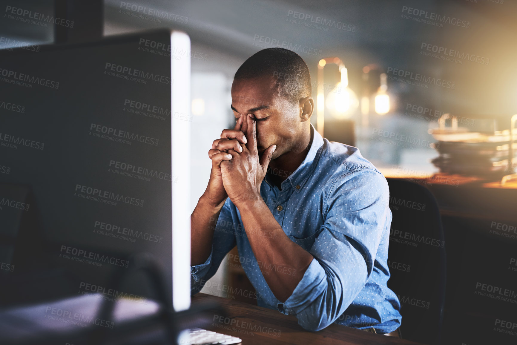 Buy stock photo Black man at office, night and stress headache with computer glitch, software problem and burnout. Male professional with migraine, brain fog and working late, frustrated with 404 and business crisis