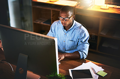 Buy stock photo Business man, night developer and computer with office typing and project web research. African male worker, technology and coding for online website management for company with tech and internet