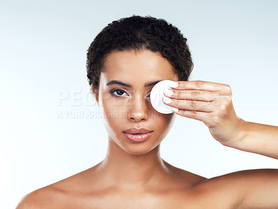 Buy stock photo Skincare portrait, woman and cotton for cleaning with makeup removal, glow and mockup in studio. Female person, dermatology and swab for hyaluronic acid toner, beauty and space by white background