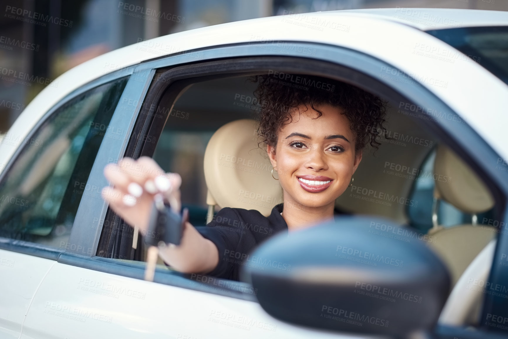 Buy stock photo Travel, happy and black woman with portrait for car keys of new ride, vehicle ownership and proud of milestone. Girl, automobile purchase and investment for transportation, dealership and driving.