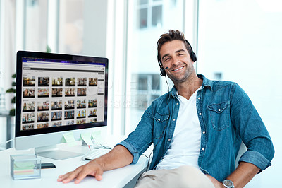 Buy stock photo Portrait, headset and man in office, screen and consultation for help in agency or customer service. Advisor, connect and call center with mic, communication and operator of telemarketing or computer