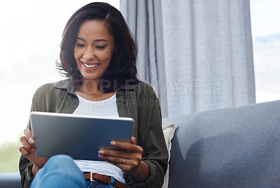 Buy stock photo Woman, home and smile with tablet for online or digital application for house finance. Female person, living room and happy on email with good news or communication for loan and mortgage approval