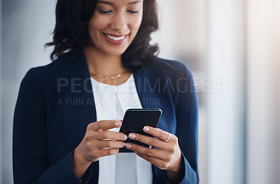 Buy stock photo Entrepreneur, happy and woman with a cellphone, mobile app or typing with connection, social media or sms. Female person, lady or employee with a smartphone, communication or search internet for info