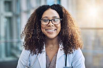 Buy stock photo Portrait of a female doctor standing in a hospital