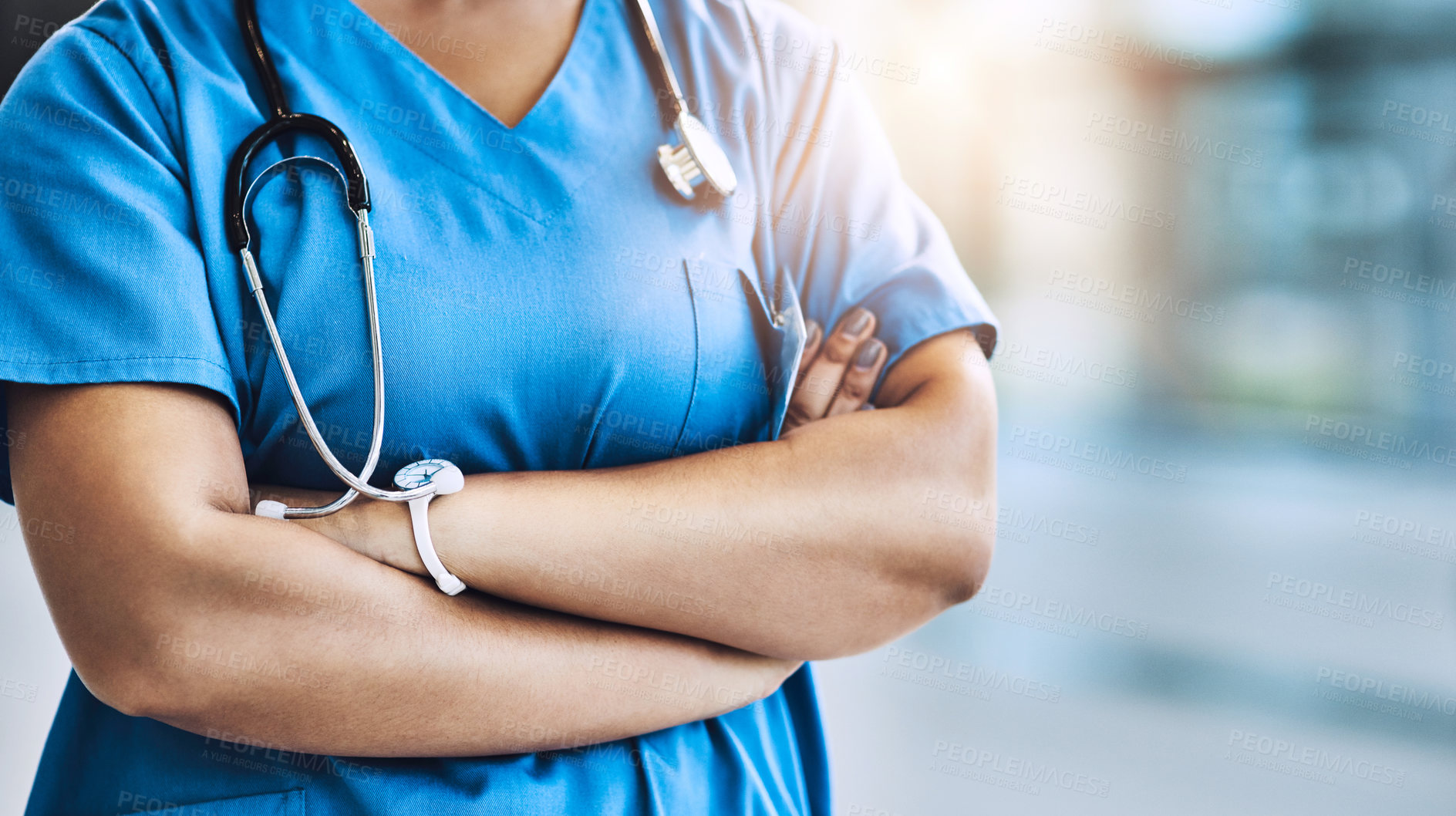 Buy stock photo Healthcare, confident and hands of nurse with stethoscope for care, service and professional in hospital. Cardiology, crossed arms and woman in lobby with equipment, health insurance and mockup space