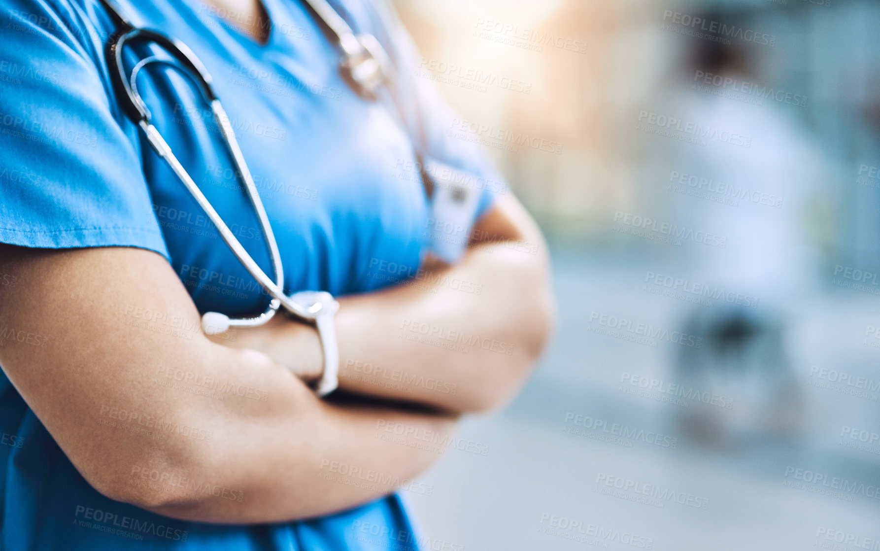 Buy stock photo Confidence, healthcare and hands of nurse with stethoscope for care, service and medical help in hospital. Cardiology, crossed arms and woman in lobby with equipment, life insurance and mockup space