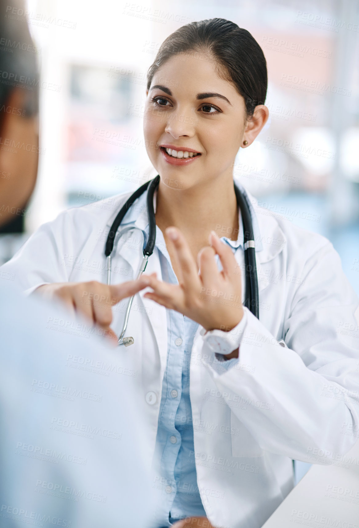 Buy stock photo Checkup, healthcare and doctor with patient in clinic explaining treatment plan for diagnosis. Discussion, hospital and woman medical worker with person for routine wellness consultation appointment.