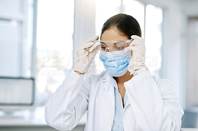 Buy stock photo Safety, glasses and woman scientist with mask in lab for pharmaceutical vaccine development. Healthcare, science and person with PPE for medical research, investigation process or study in clinic.