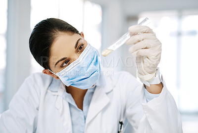 Buy stock photo Lab, mask and woman scientist with test tube, solution or pharmaceutical vaccine development. Healthcare innovation, science and person checking medical drugs for research, process or study in clinic