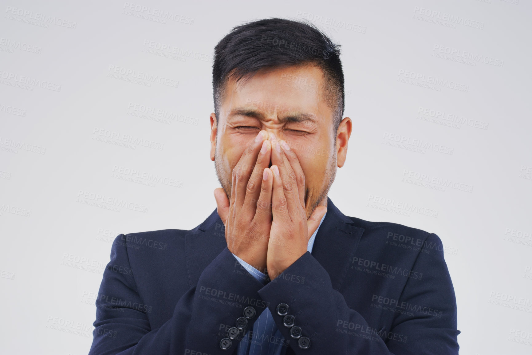 Buy stock photo Crying, portrait and sad businessman in studio with anxiety, worry and debt on grey background. Pain, sorrow or emotional Asian banker frustrated by stress, depression and grief with loss or bad news