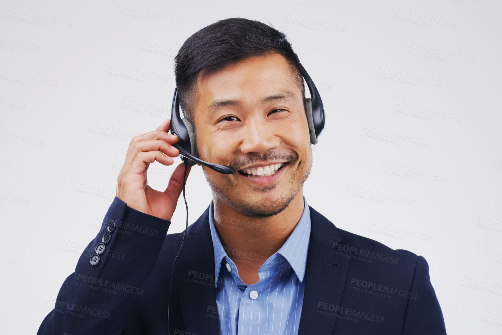 Buy stock photo Portrait, asian man and smile with headset in studio on white background for consultant, call centre or crm. Male person, happy and headphones with mic for support, connectivity and communication