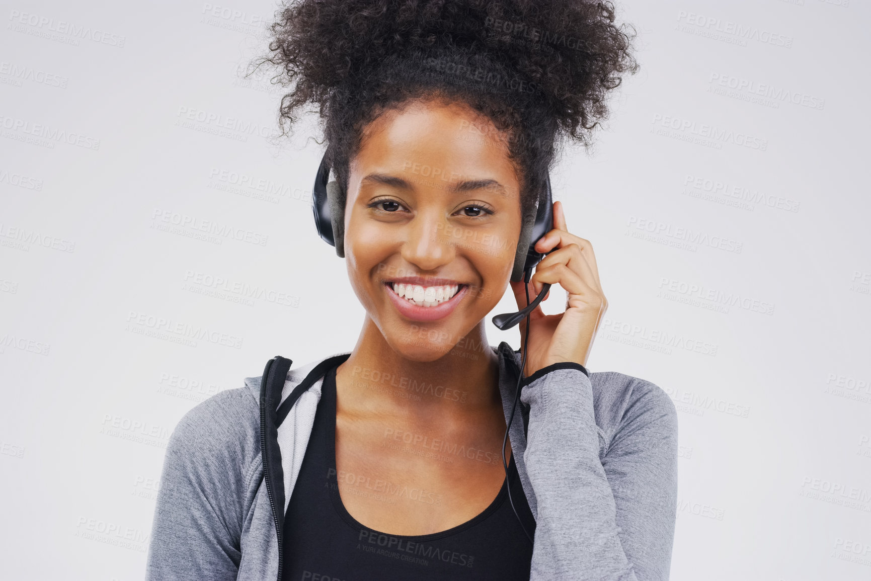 Buy stock photo Portrait, woman and headset for call centre, communication and smile by white background. African female person, happiness and microphone for talking, crm agent and virtual consultant in studio 