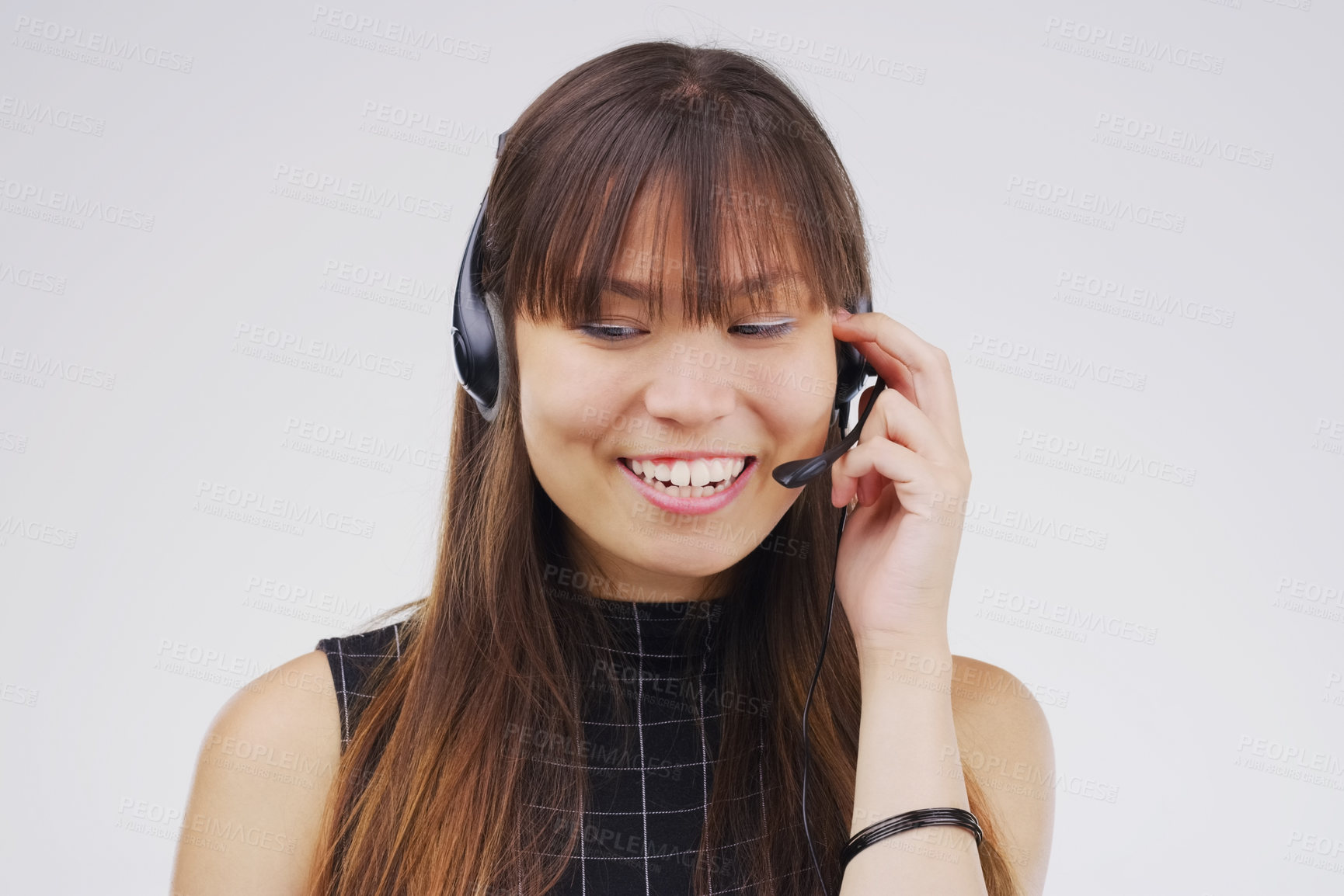 Buy stock photo Virtual assistant, woman and headset with smile in studio for communication and customer service. Asian female person, consultant and microphone for talking, telemarketing and crm agent in studio