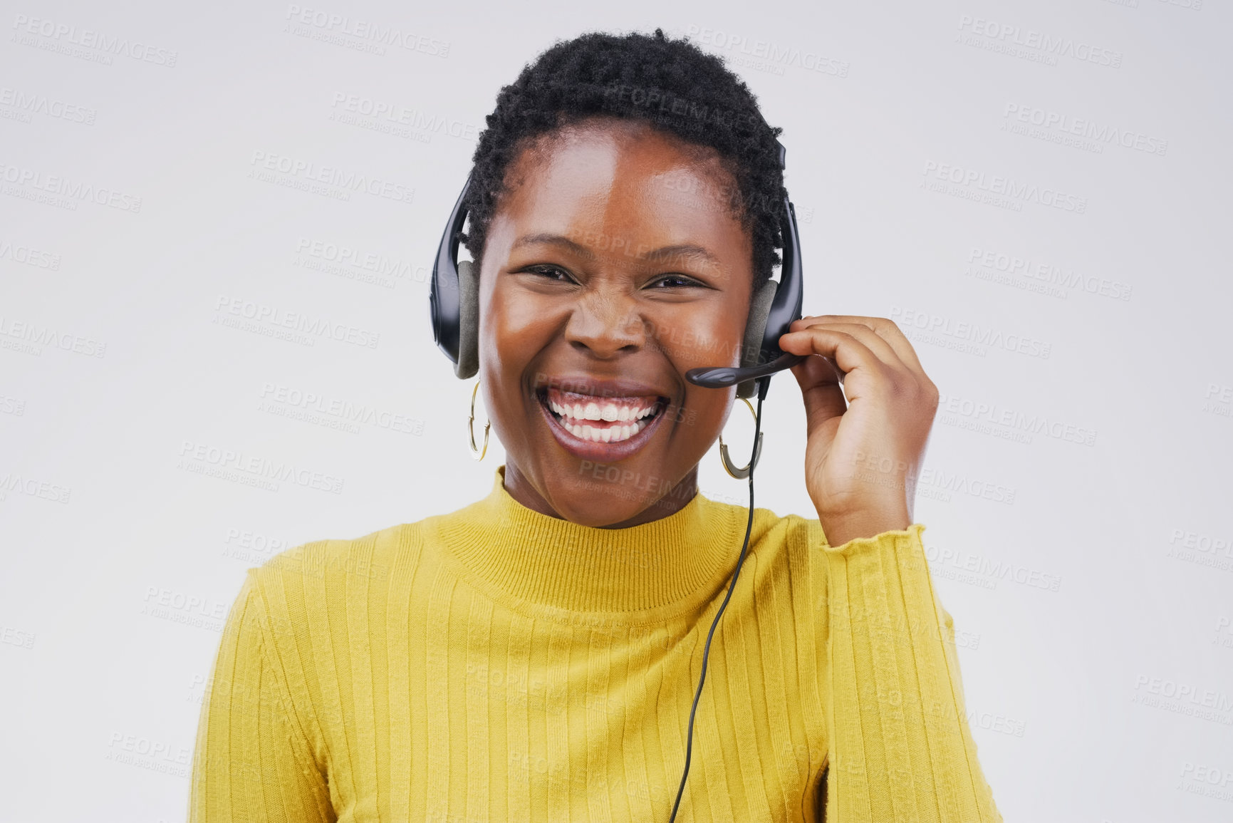 Buy stock photo Portrait, black woman and smile with headset in studio on white background for consultant, call centre or crm. Female person, happy and headphones with mic for support, connectivity and communication