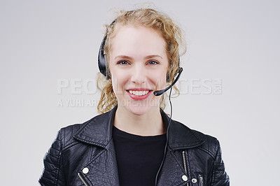 Buy stock photo Call center, woman and studio portrait with headset, smile and microphone for tech support by background. Crm agent, telemarketing and customer service with mic, voip and happy for consulting job