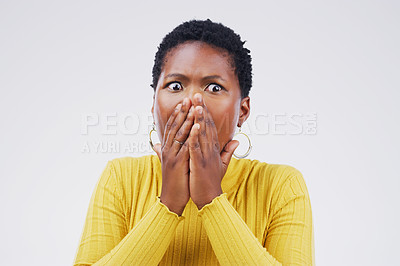 Buy stock photo Shock, fear and scared woman in a studio with a omg, wow or wtf facial expression for emoji. Emotion, afraid and African female model with a surprise face with hands on her mouth by white background.