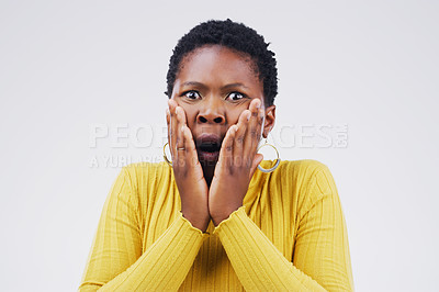 Buy stock photo Shock, scared and portrait of woman in a studio with a omg, wow or wtf facial expression for emotion. Fear, afraid and African female model with horror face for bad news isolated by white background.
