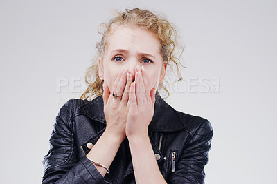 Buy stock photo Portrait, shocked and woman in studio for drama, horror and secret on white background. Surprised, alarm and female person with hands on face for wow, omg and reaction to meme or story in Australia