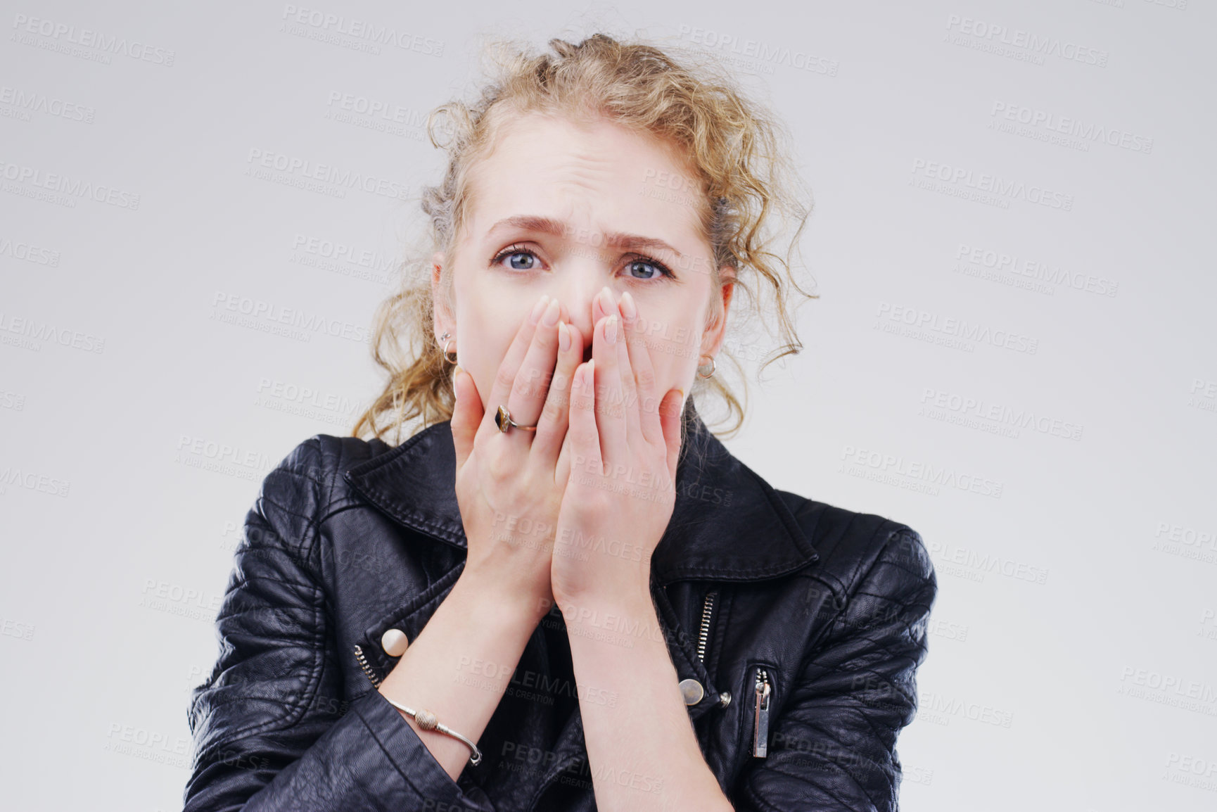 Buy stock photo Portrait, shocked and woman in studio for drama, horror and secret on white background. Surprised, alarm and female person with hands on face for wow, omg and reaction to meme or story in Australia