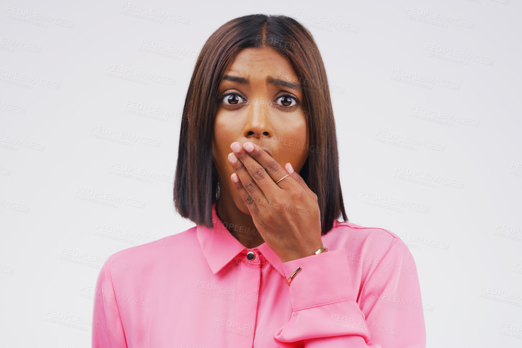 Buy stock photo Indian woman, portrait and shocked for news, announcement and secret in studio on white background. Girl, surprise and wtf facial expression with hand on mouth for gossip, information and crazy story