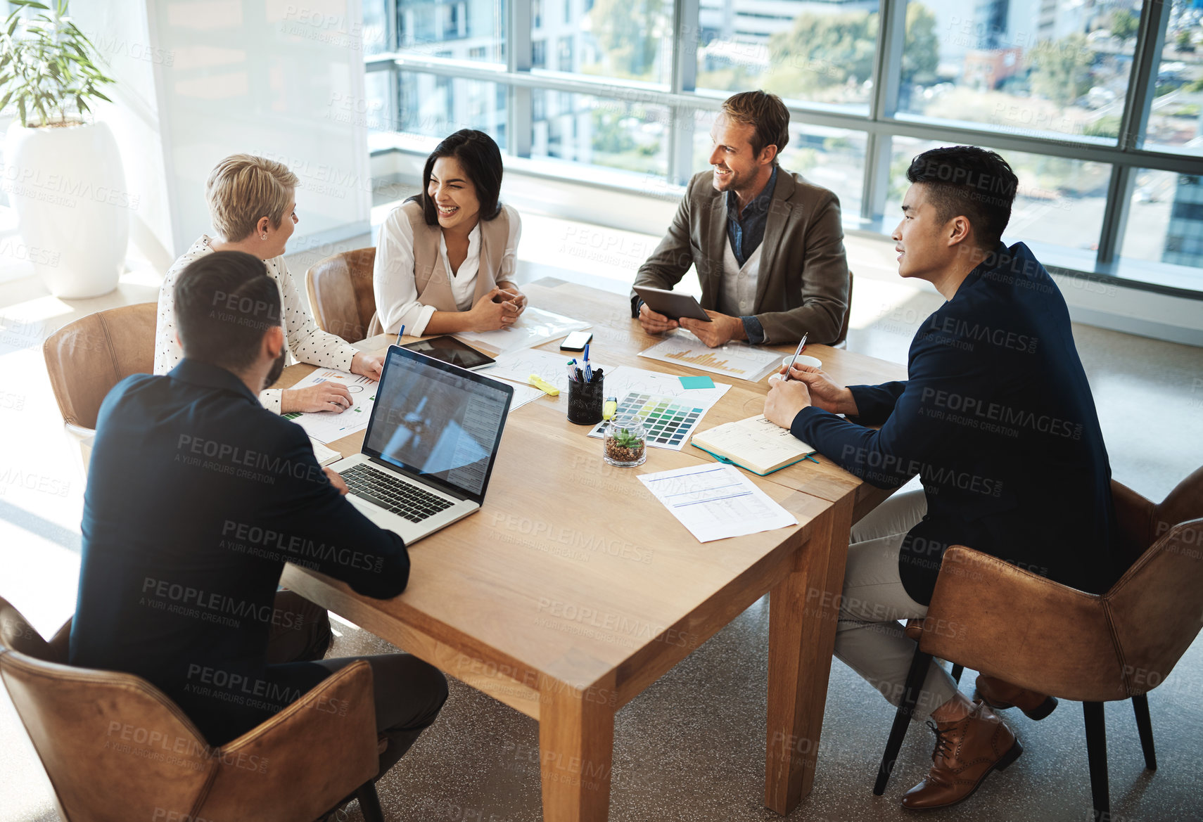 Buy stock photo Business people, meeting discussion and tech in office for planning team project, creative brainstorming and teamwork. Staff, tablet and laptop with talk for group ideas, research and cooperation