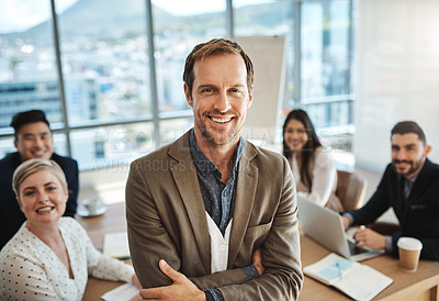 Buy stock photo Business, man and portrait with arms crossed in meeting for investors collaboration, annual budget and planning. Financial department, employees and group in boardroom for legal audit and proposal