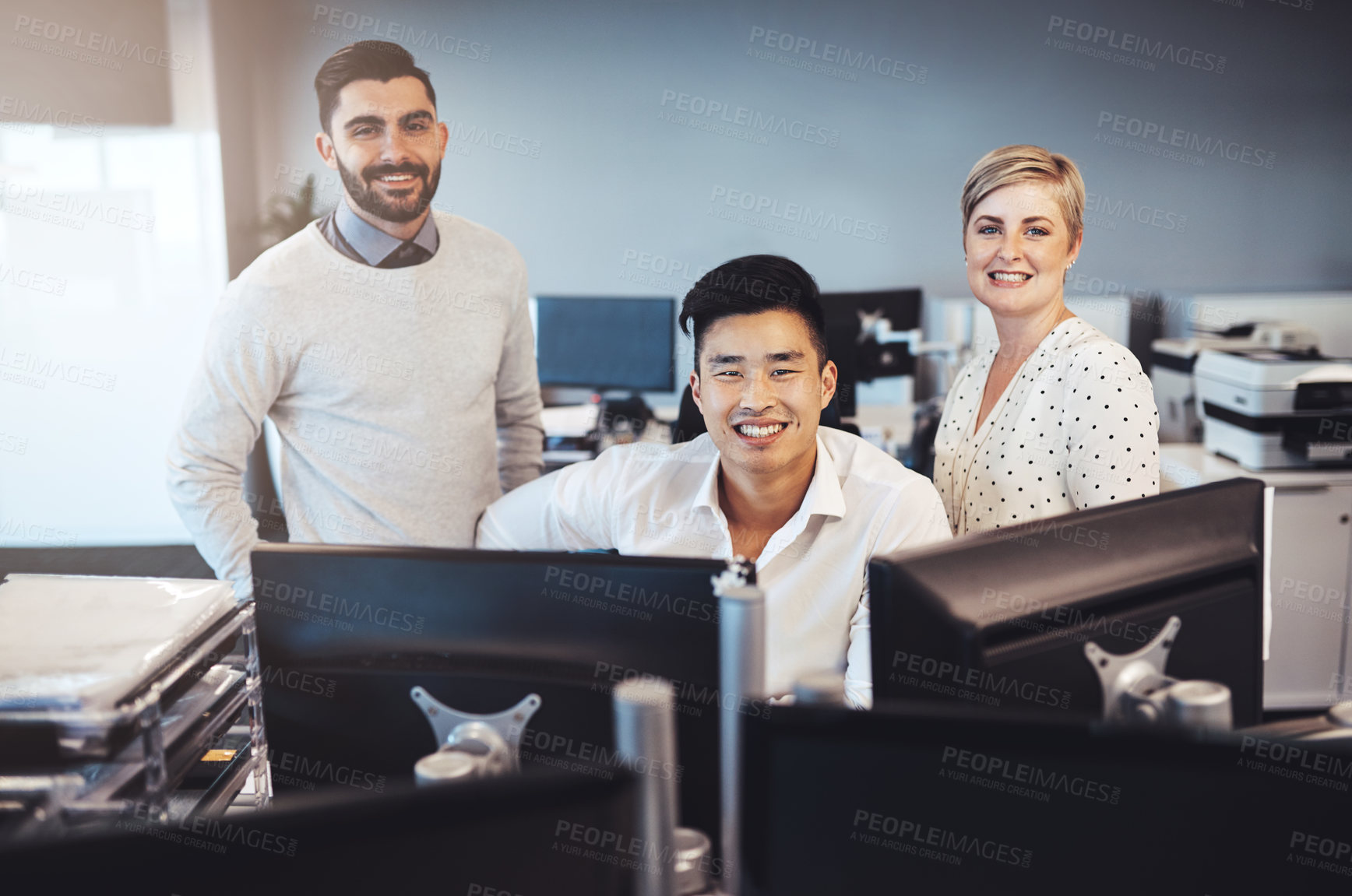 Buy stock photo Cropped portrait of three creative colleagues working together in the office
