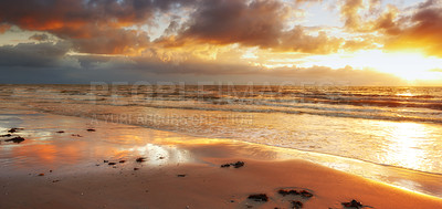 Buy stock photo Clouds, nature and sky with sunset on beach for holiday, travel or vacation to island paradise. Background, wallpaper and waves on coast of tropical environment for summer or weekend getaway