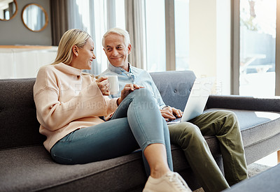 Buy stock photo House, laptop and senior couple with conversation, finance planning or savings in living room. Mature people, apartment or man with woman, computer or internet with budget or taxes review in lounge 