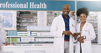 Buy stock photo Pharmacist, portrait and team with tablet for inventory, pharmaceutical stock or medical service at pharmacy. Black man, woman or health employees with technology for online assistance at dispensary