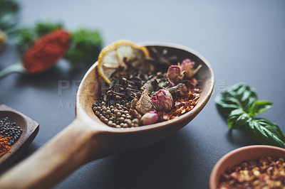 Buy stock photo Table, spoon and group of spices for flavor, masala and ingredients for cooking on background. Seeds, star anise and collection of herbs or organic cuisine, textures and culinary condiments for food