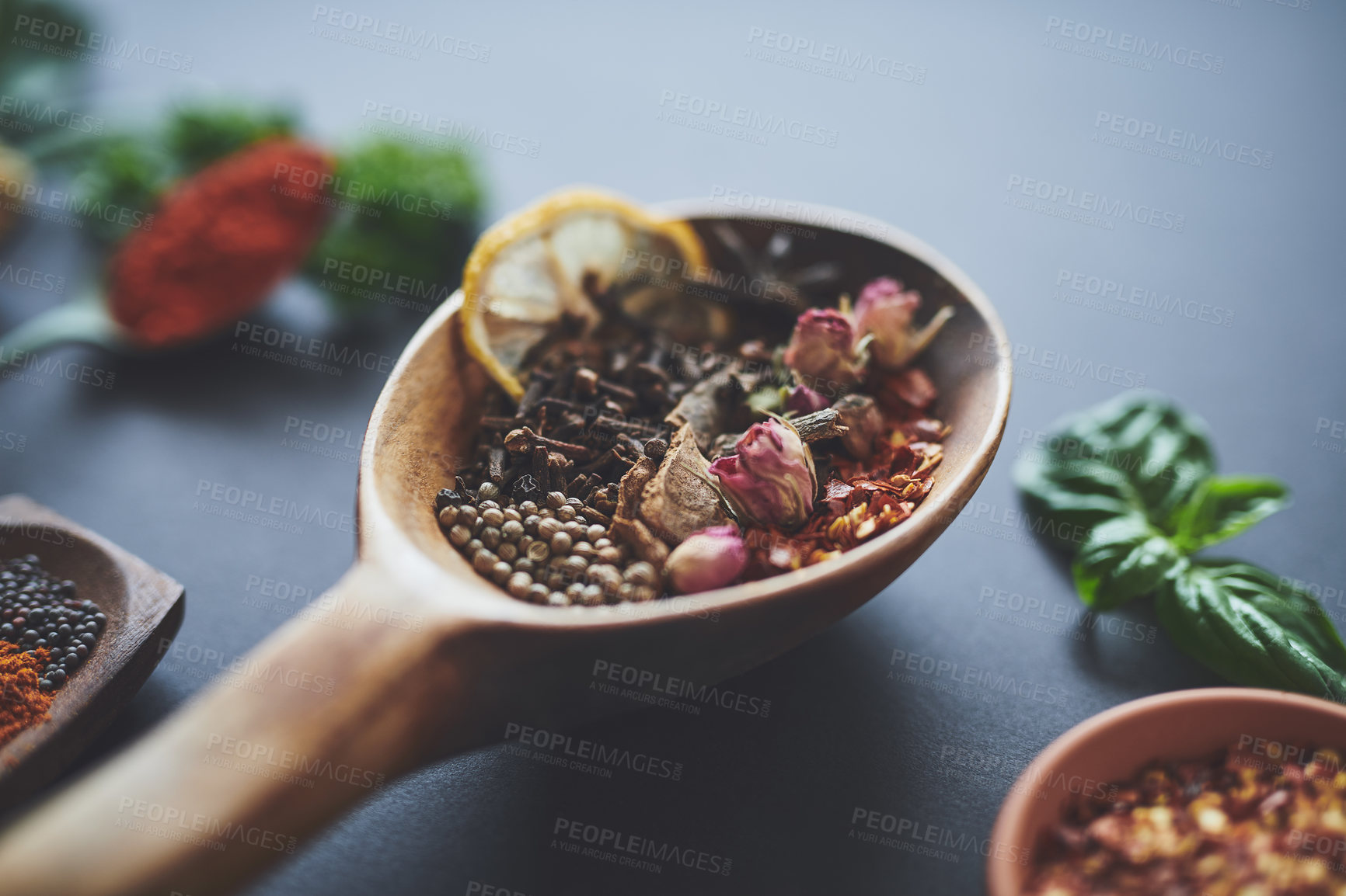 Buy stock photo Table, spoon and group of spices for flavor, masala and ingredients for cooking on background. Seeds, star anise and collection of herbs or organic cuisine, textures and culinary condiments for food