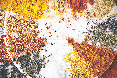 Buy stock photo Collection, mix and seasoning of spices for ingredients, powder and board for sensory appeal with culinary. Creativity, condiment and flavor for cooking with herbs, pepper and curry in Indian culture