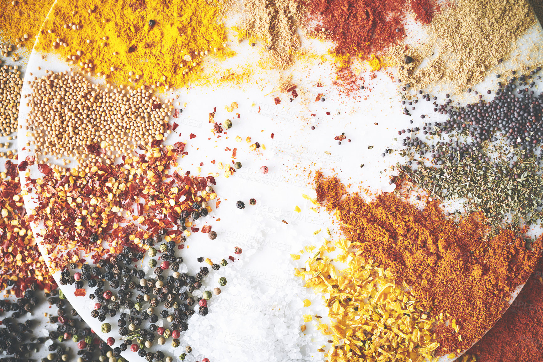 Buy stock photo Collection, mix and seasoning of spices for ingredients, powder and board for sensory appeal with culinary. Creativity, condiment and flavor for cooking with herbs, pepper and curry in Indian culture