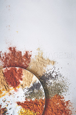 Buy stock photo Variety, powder and spices in studio for seasoning, herbs and aroma for sensory appeal with culinary. Mockup, ingredients and flavor for cooking with condiment, pepper and curry by white background