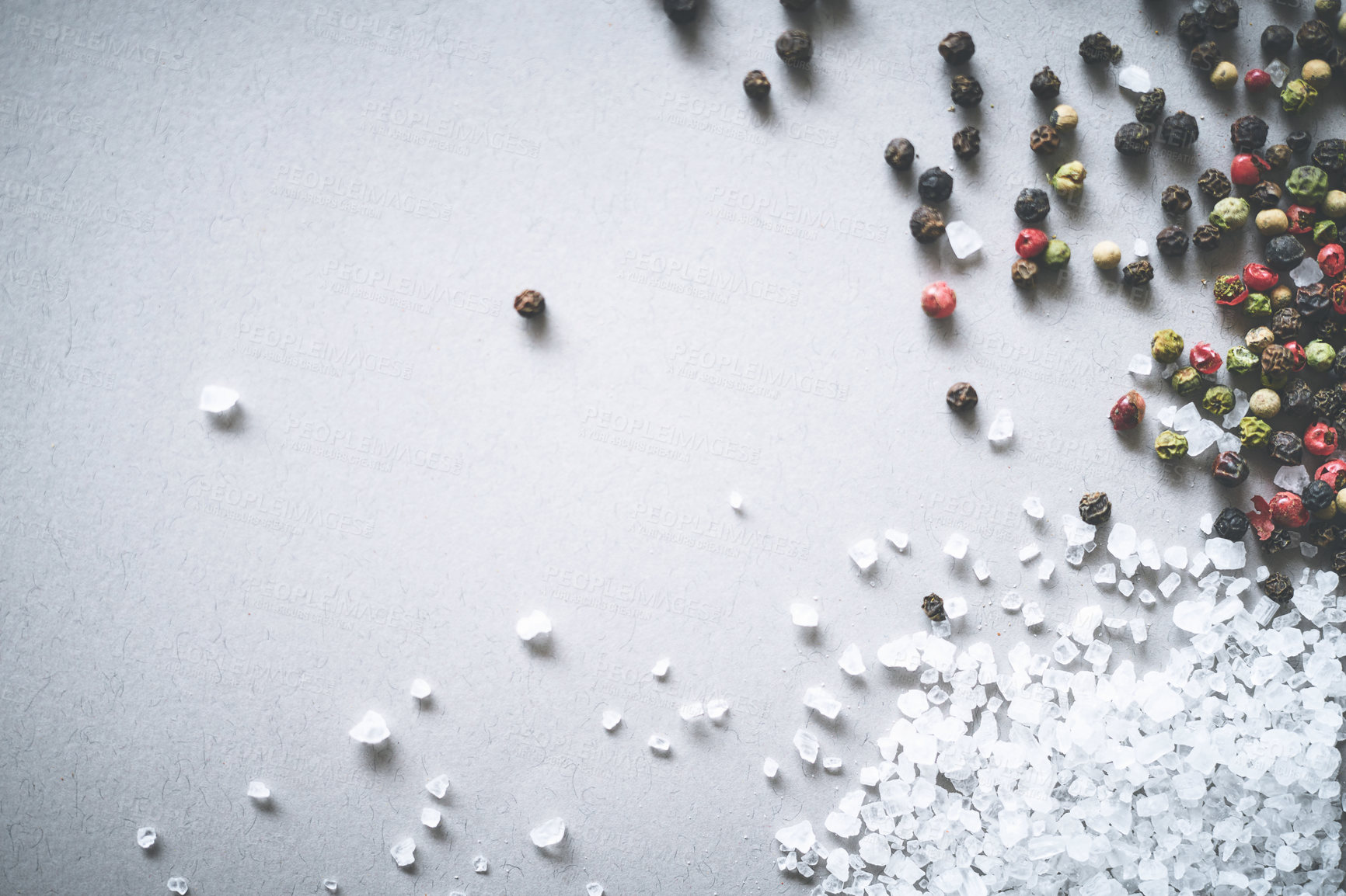 Buy stock photo Salt, seasoning and spices by white background for ingredients, dry and aroma for sensory appeal. Mockup space, black pepper or flavor for cooking with condiment, peppercorn or texture seed in studio