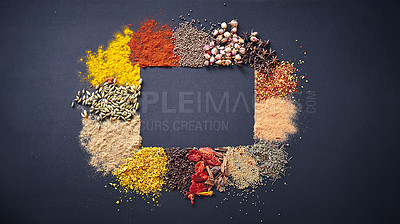 Buy stock photo Variety, spices and seasoning in studio for flavor, aroma and sensory appeal for creativity with culinary. Dark background, condiment and herbs for cultural identity with clove, turmeric and powder