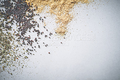 Buy stock photo Black pepper, seasoning and spices by white background for ingredients, herbs and aroma for sensory appeal. Mockup space, seeds and flavor for cooking with condiment, peppercorn and dry in studio