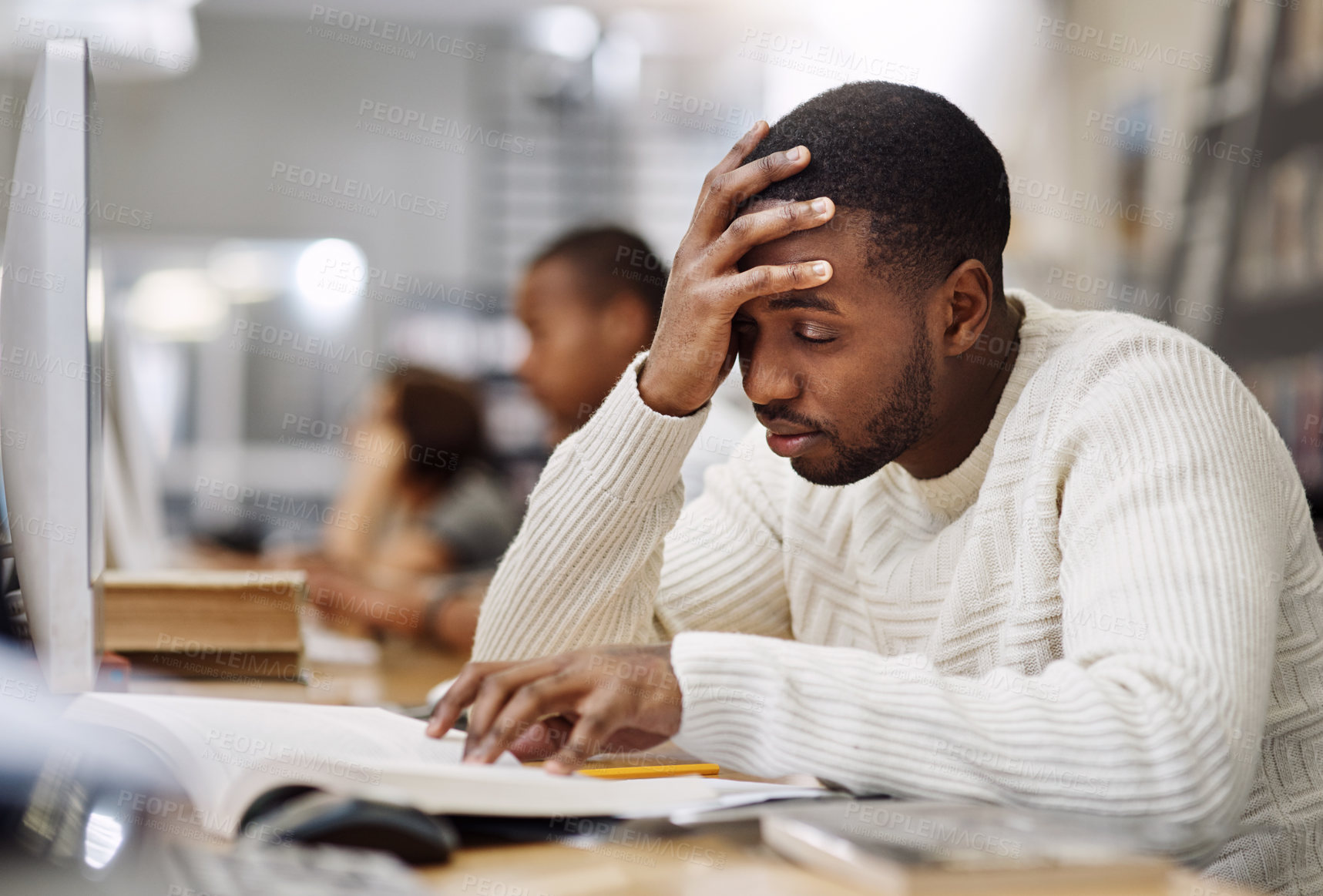 Buy stock photo Education, stress and man with headache in library, thinking and book for learning, ideas and university. Scholarship, student and contemplating for knowledge, migraine and black person in college