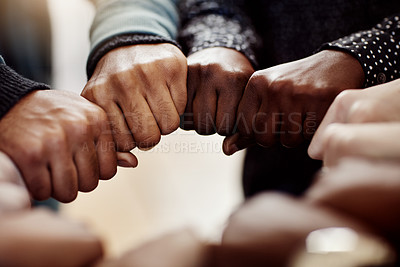 Buy stock photo Friends, hands and people in fist bump for education, knowledge or test preparation in college. University, students and huddle with support for help, project collaboration and scholarship teamwork