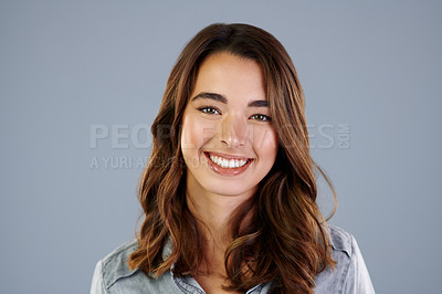 Buy stock photo Smile, confidence and portrait of woman in studio for creative business opportunity, casual fashion or pride. Consultant, agent or happy designer with ambition, professional style or grey background 