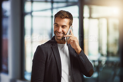 Buy stock photo Happy, businessman and discussion with phone call in office for financial, advice and update to client. Investment broker, smile and consult with tech for share price, negotiation and trading service