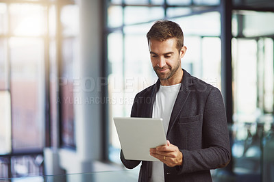 Buy stock photo Corporate, research and businessman with tablet in office for investment, feedback and finance review. Company, financial advisor and typing with tech for stock report, email or update on share price