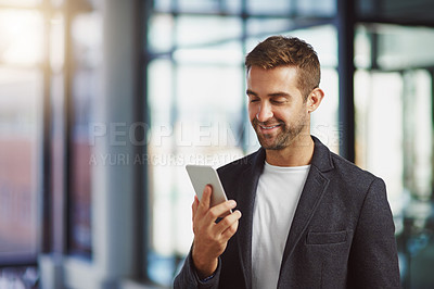 Buy stock photo Corporate, internet and businessman with phone in office for investment, feedback and budget report. Company, financial advisor and research with tech for stock price, email and review of share value