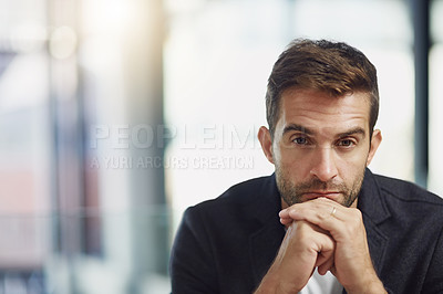 Buy stock photo Thinking, planning and portrait of business man for policy, finance regulations or compliance officer. Reflection, brainstorming and space with person at insurance company for risk management