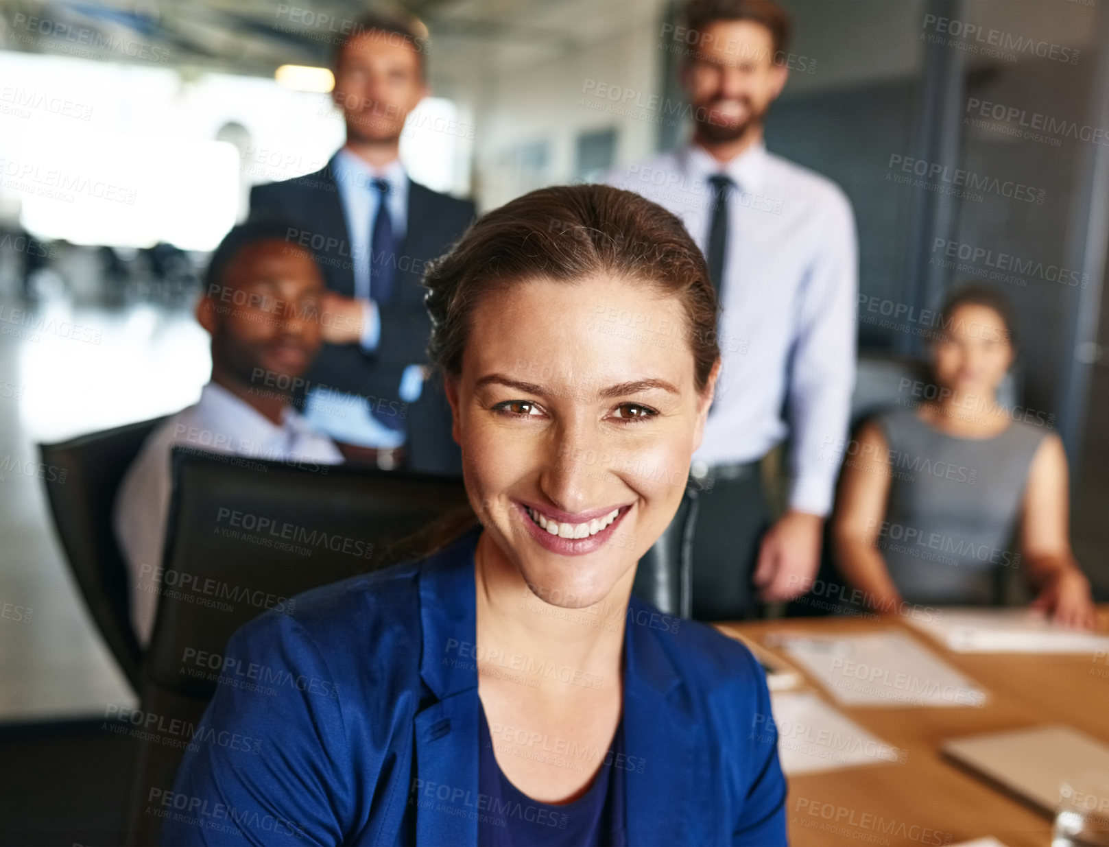 Buy stock photo Woman, leader and business people in office portrait, about us and team solidarity in boardroom. Staff, financial firm and proud union of company traders in workplace, together and group diversity